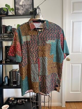 Men's Shortsleeve Buttonup - Multicolor size L 95% cotton 5% linen Parklees